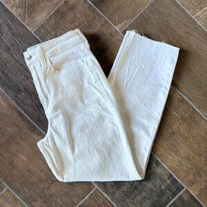high rise vintage straight jeans with raw hems in white. size 27”/5 regular.